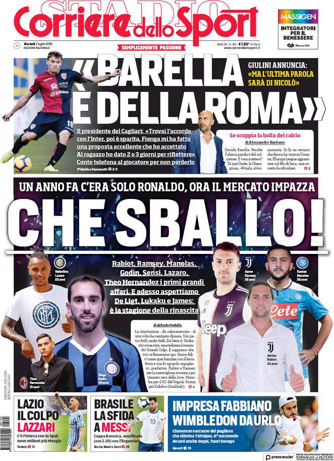 Rassegna stampa: Corriere dello Sport - "Barella è della Roma"