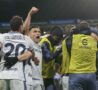 I giocatori dell'Inter esultano dopo il primo gol all'Atalanta